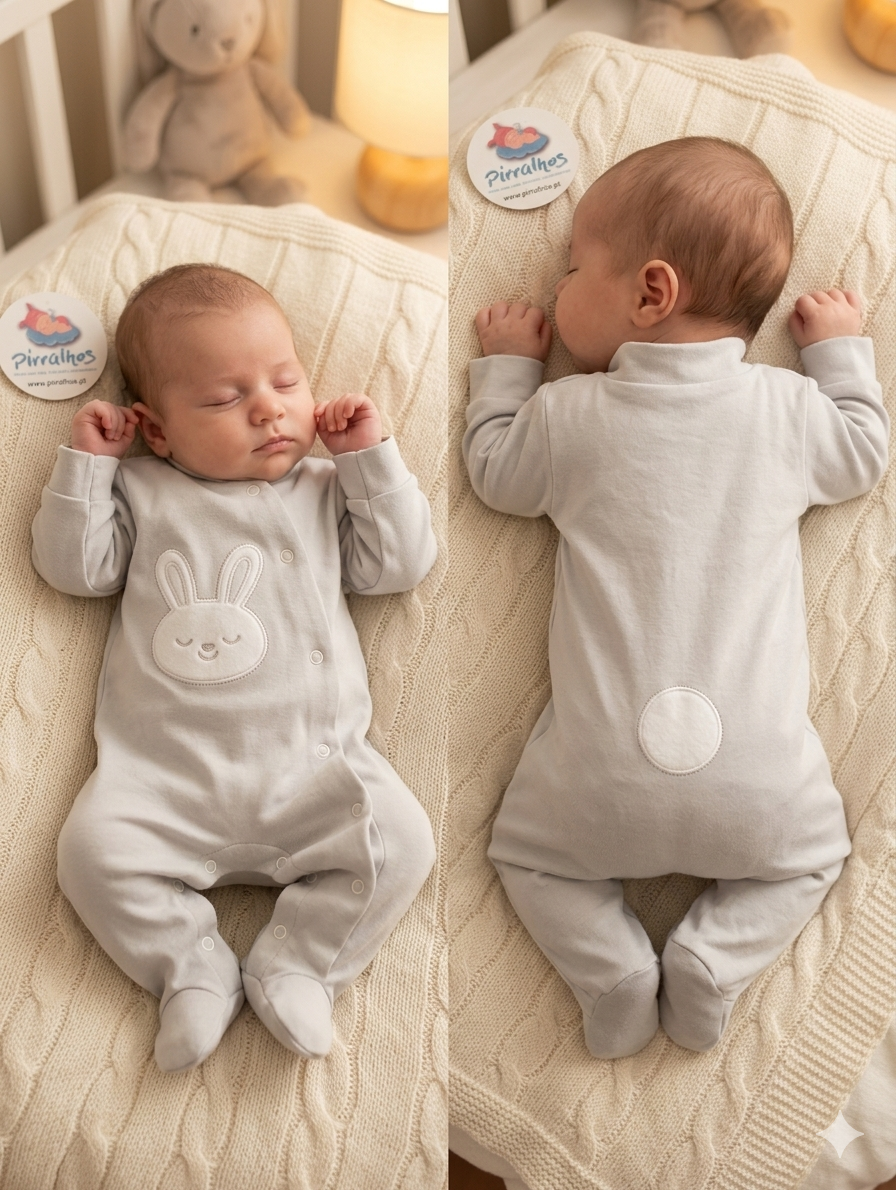 Pijama cinzento claro para bebé com aplique de coelho e recorte redondo, em manta bege de malha trançada