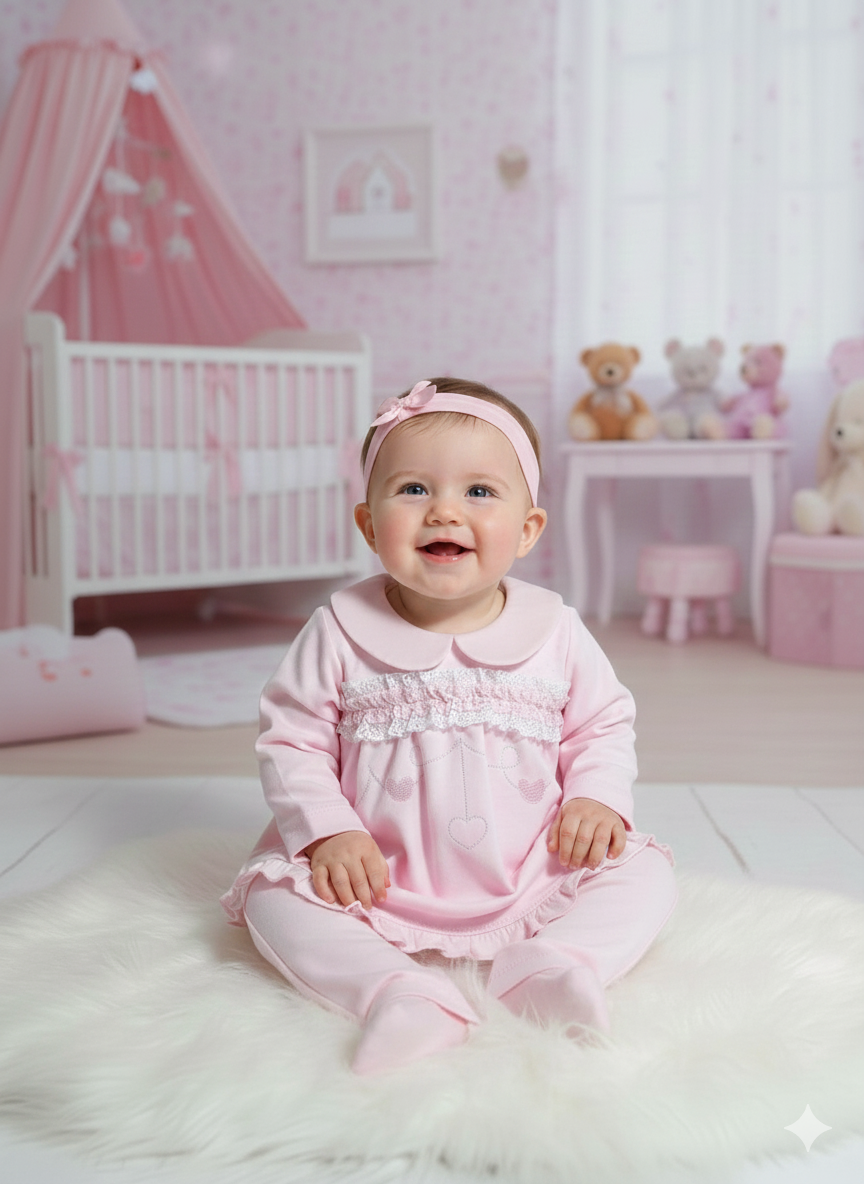 Bebé sorridente sentada de pijama rosa e fita de cabelo num quarto de bebé cor-de-rosa.
