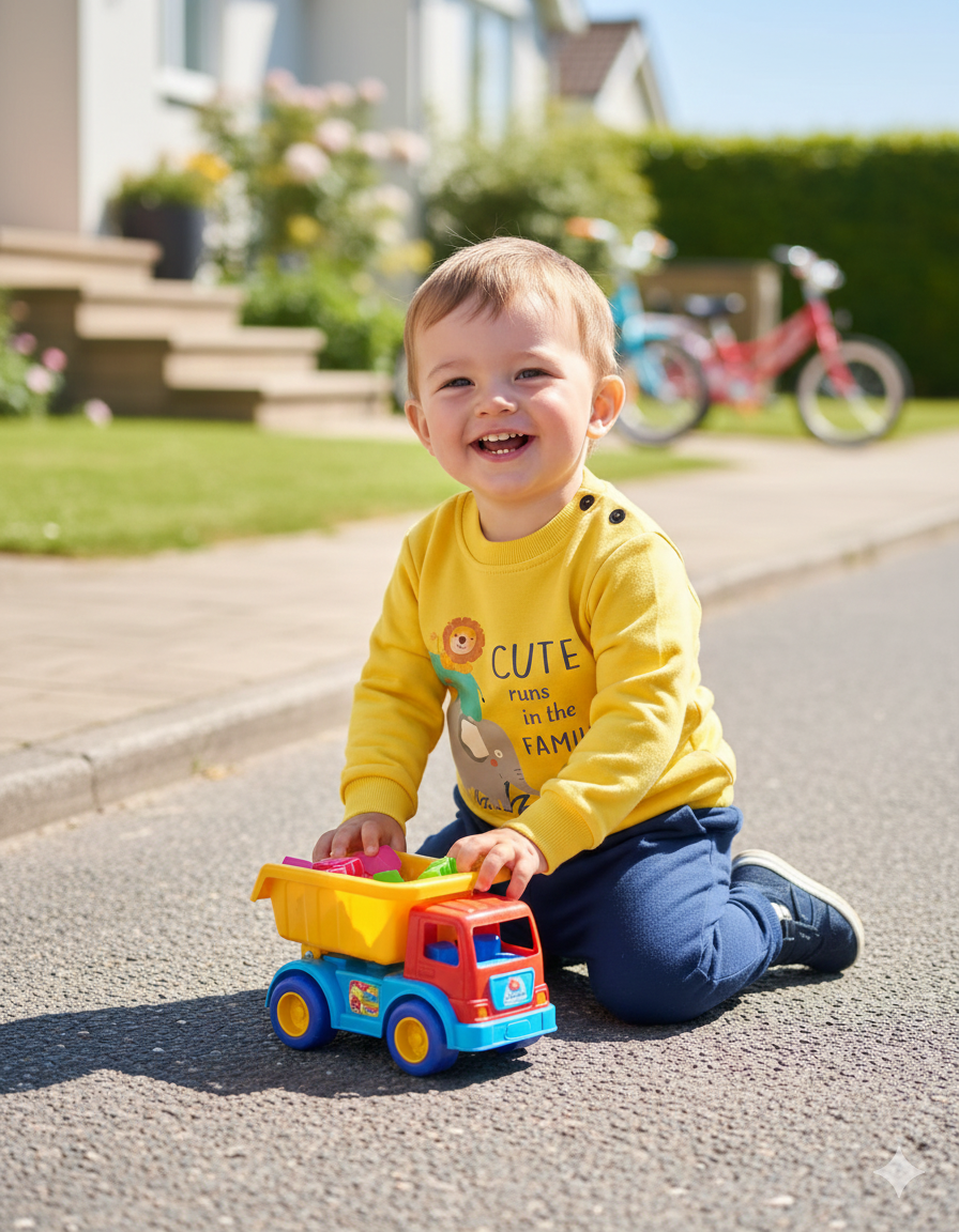 Criança sorridente de camisola amarela e calças azuis brincando com um camião de brinquedo colorido no passeio.