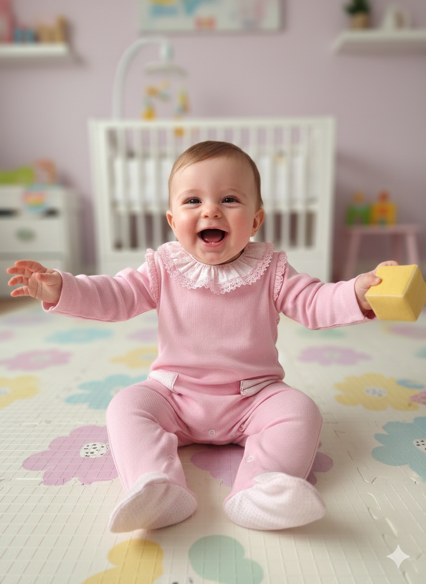 Bebé sentado com roupa rosa e gola branca segurando cubo amarelo num quarto com berço branco.
