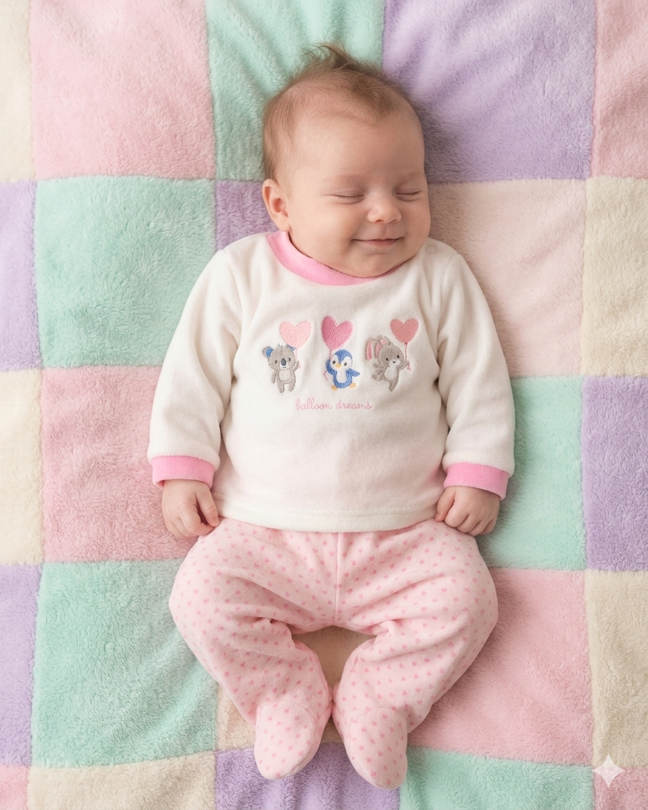 Bebé a dormir de pijama branco e rosa com desenhos de animais e balões sobre manta felpuda colorida