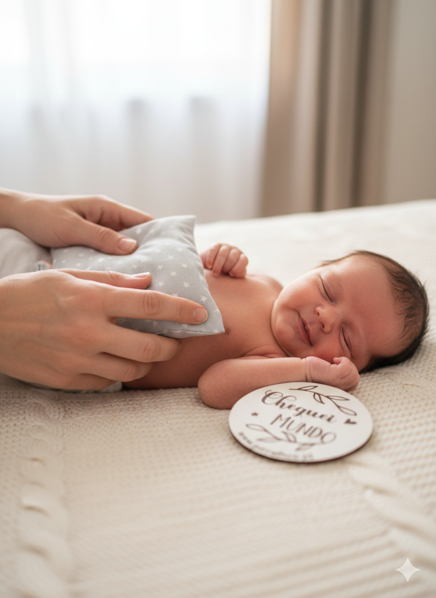 Bebé recém-nascido deitado numa cama com almofada e placa branca com texto.