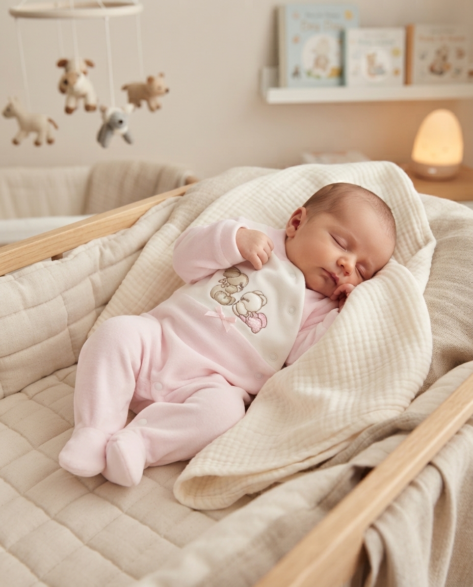 Bebé a dormir em alcofa acolchoada com pijama rosa e ursinhos bordados