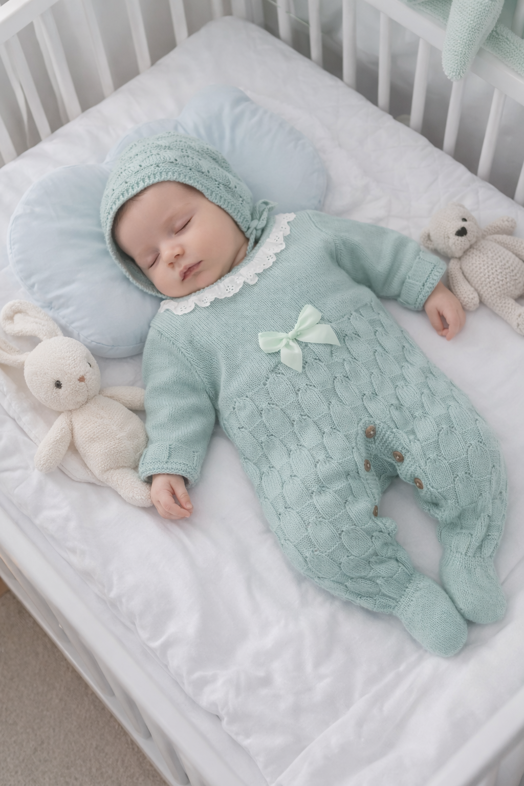 Bebé vestido de malha azul-pálido a dormir numa cama branca com peluches ao lado