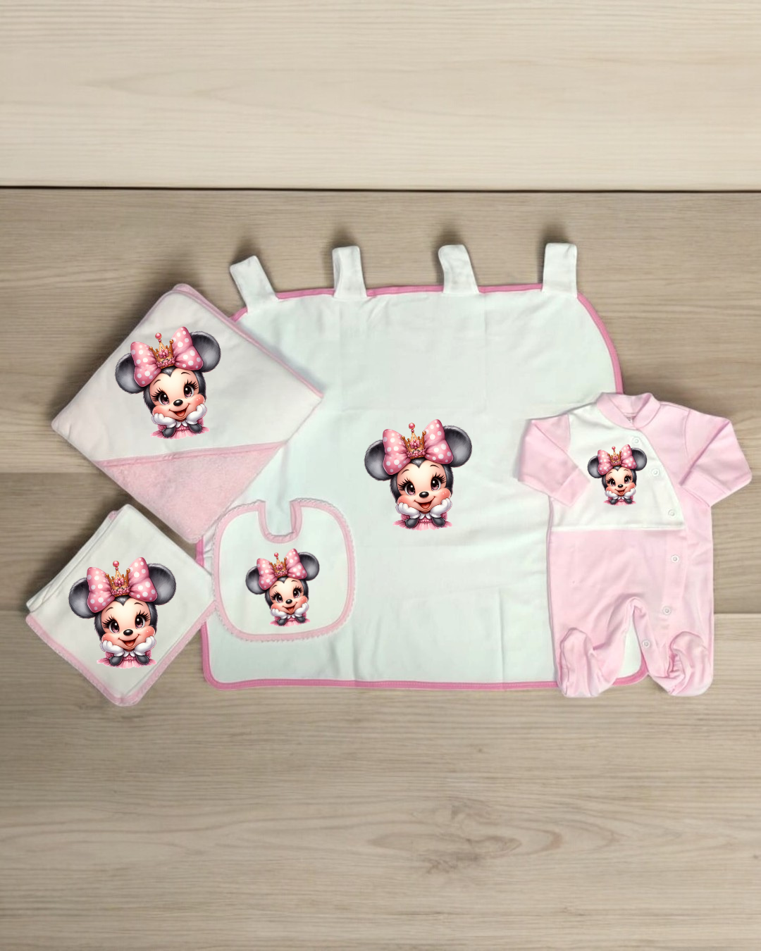 Conjunto de bebés com estampado Minnie Mouse rosa e branco