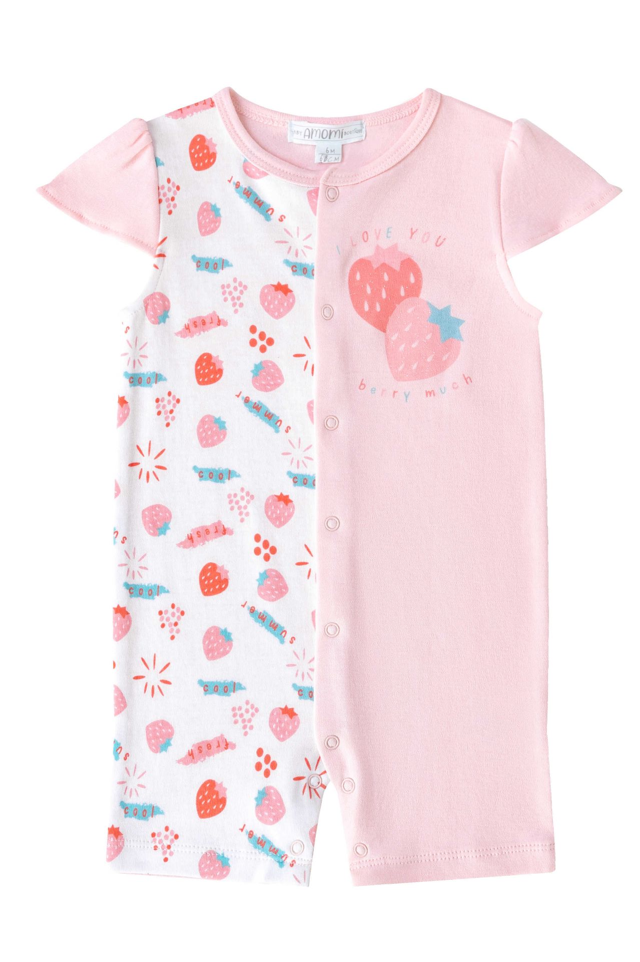Macacão curto de bebé rosa e branco com estampado de morangos e texto
