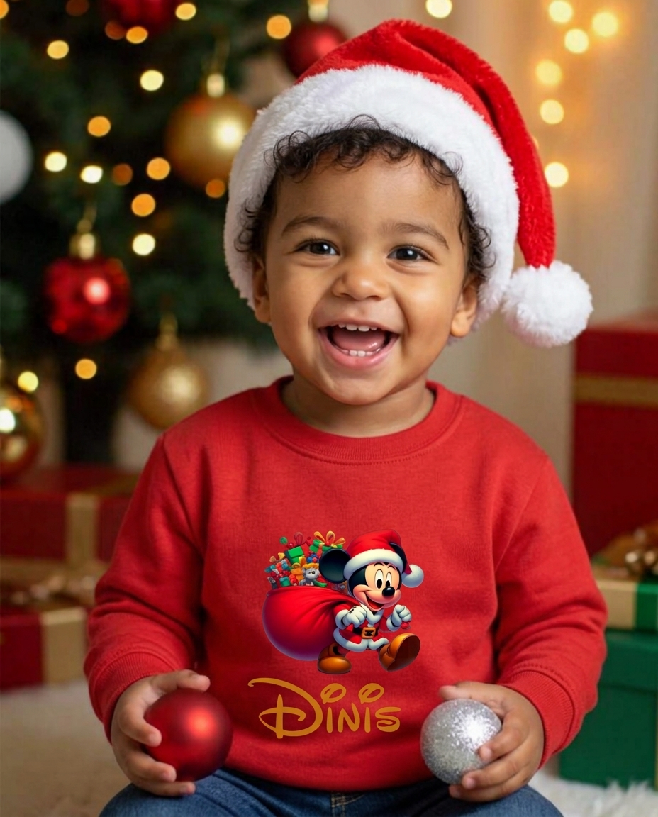 Camisola vermelha infantil com estampa de Mickey Mouse Pai Natal e texto Dinis, criança com gorro de Natal e bolas natalícias.