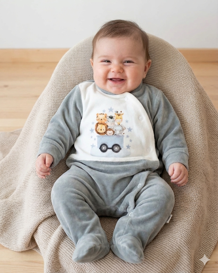 Bebé sorridente sentado em macacão cinza e branco com estampado de animais e carrinho.