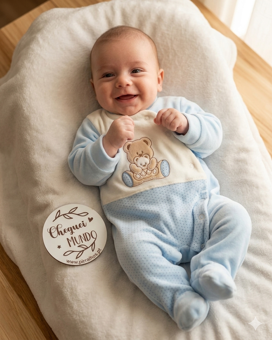 Macacão para bebé azul claro com desenho de urso e placa com texto CHEGUEI MUNDO