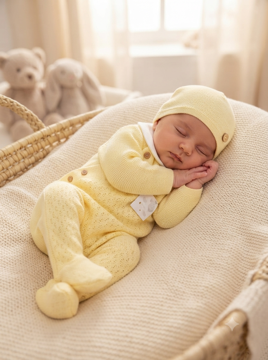 Bebé a dormir vestido com macacão amarelo claro e gorro no berço de verga com manta bege