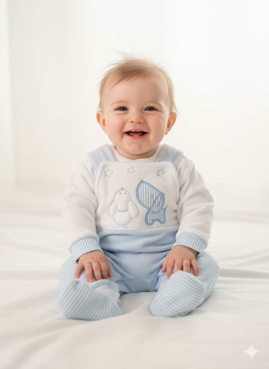 Bebé a sorrir vestido com roupa azul clara e branca com desenhos bordados