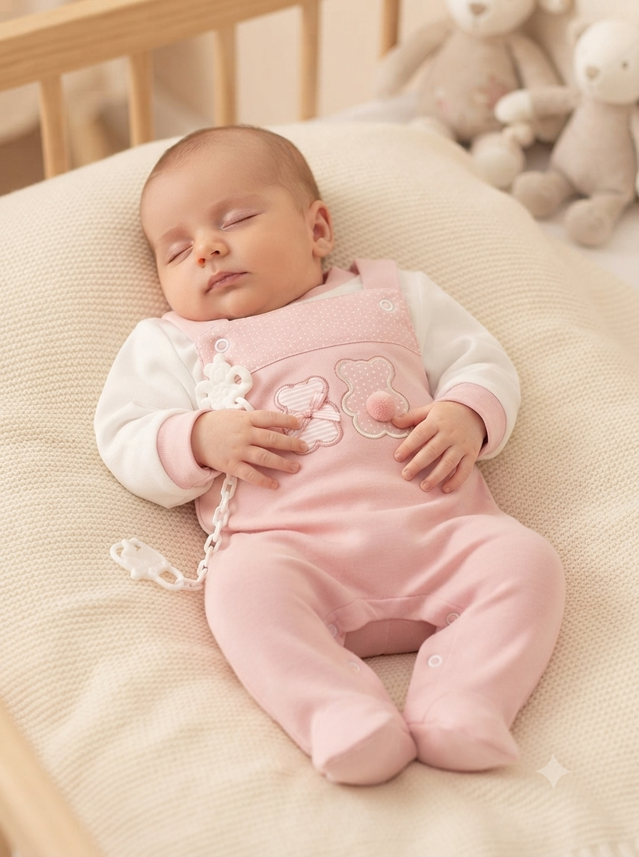 Bebé a dormir com babygrow cor-de-rosa e branco sobre almofada bege