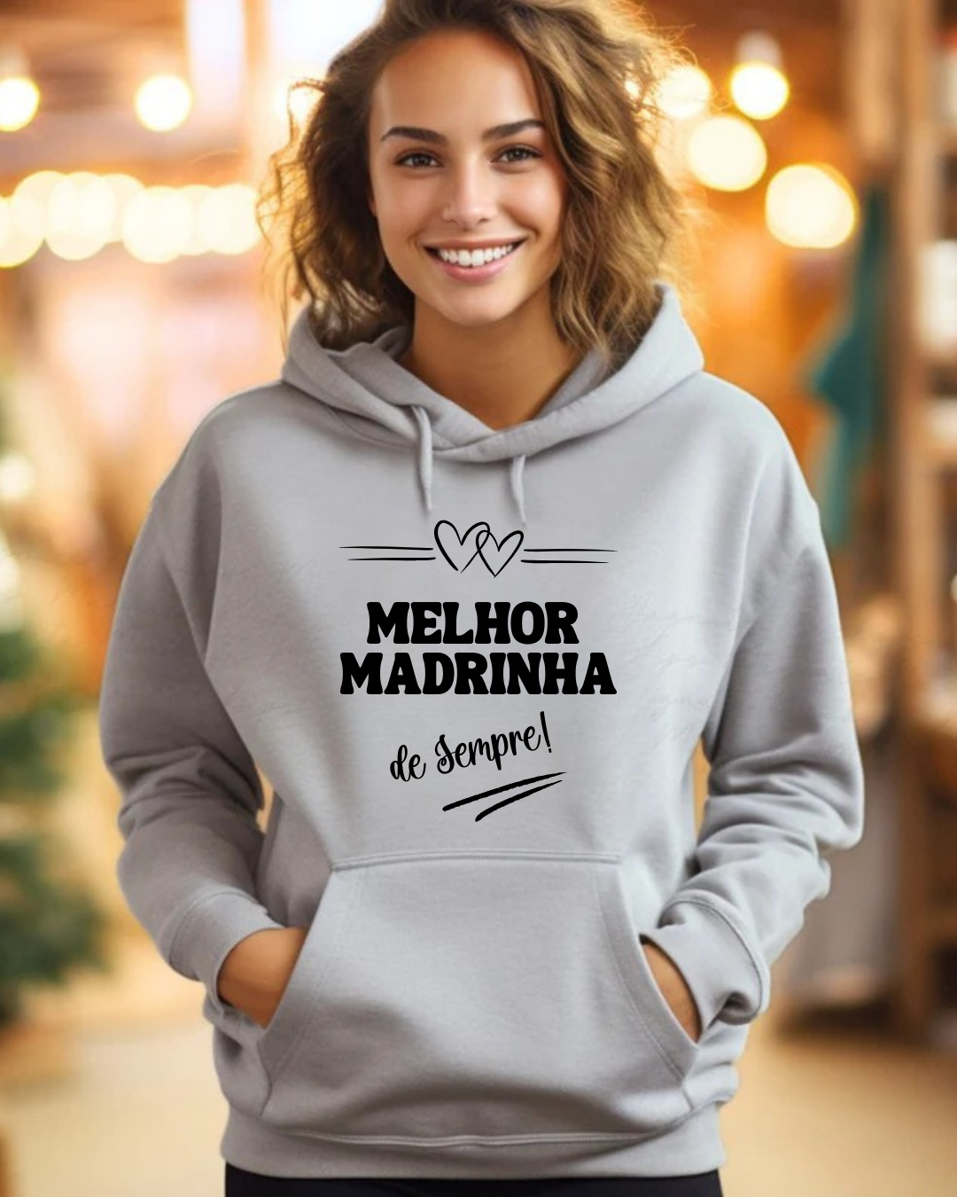 Sweatshirt cinzenta com texto 'MELHOR MADRINHA de Sempre!' em preto