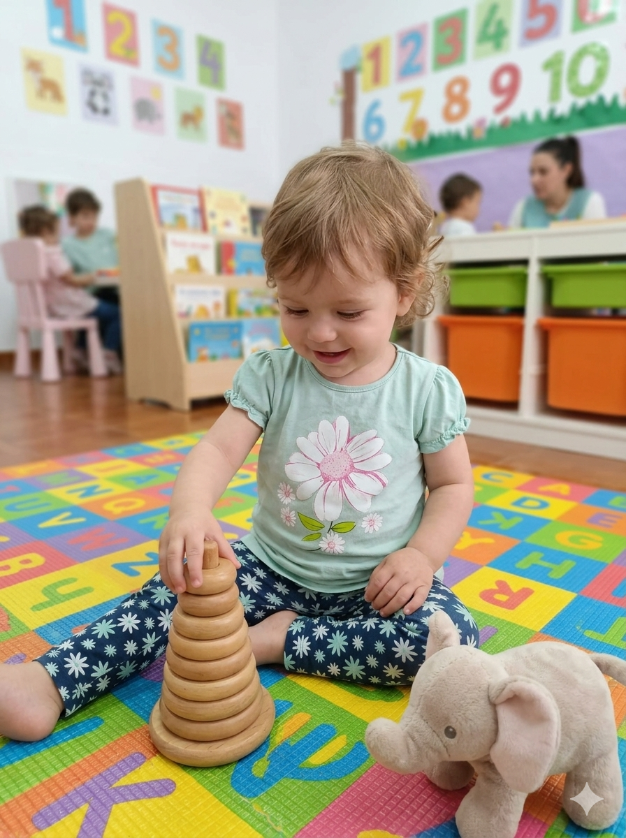 Criança bricando com brinquedo de empilhar madeira num tapete educativo colorido
