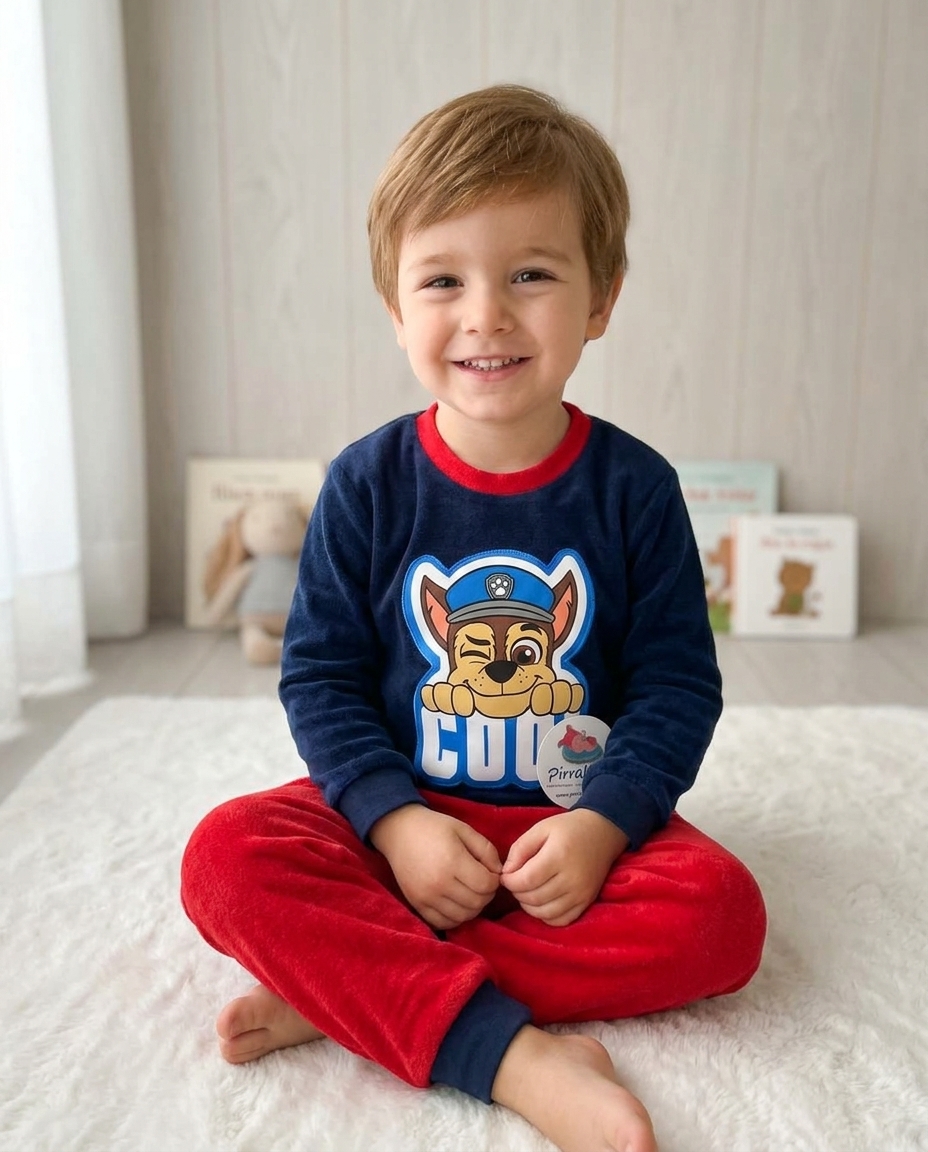 Criança sentada no chão a usar pijama azul escuro e vermelho com imagem de cão policial e a palavra COOL