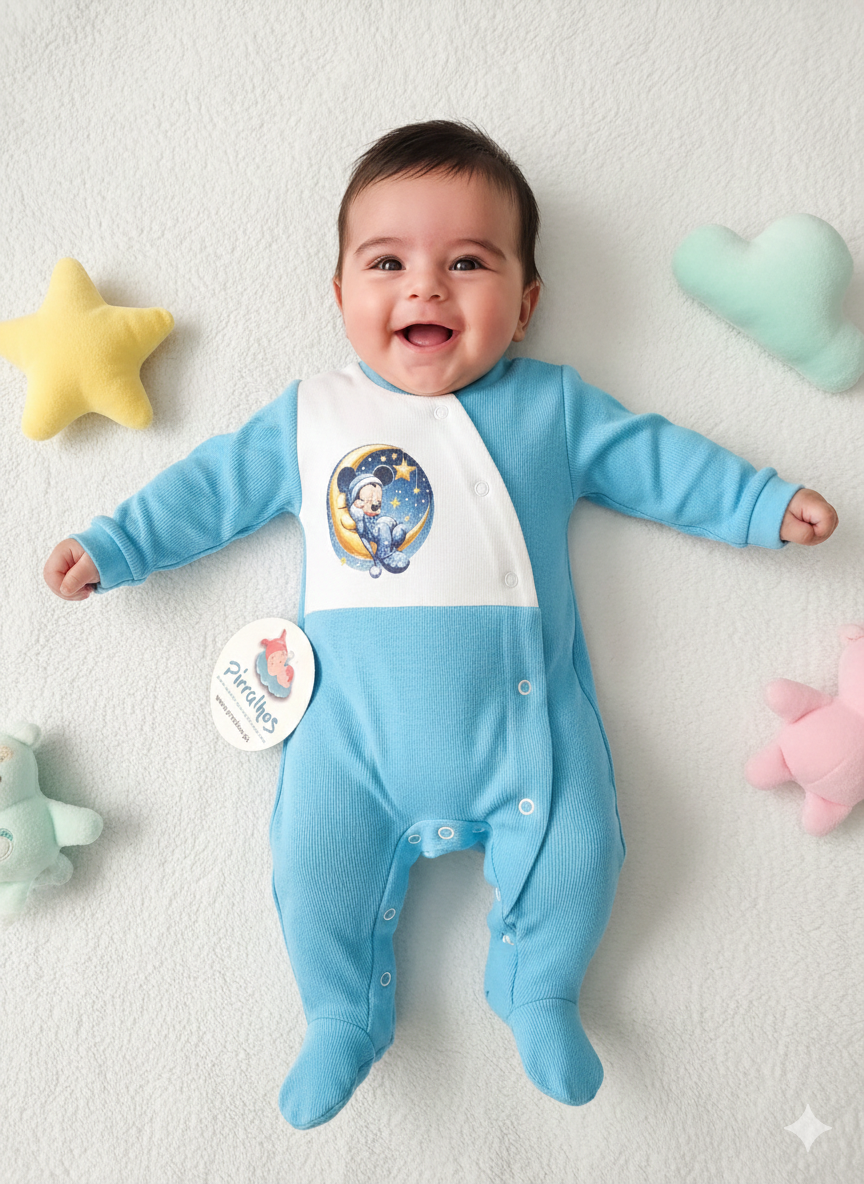 Bebé sorridente com macacão azul claro e branco com estampa do Mickey