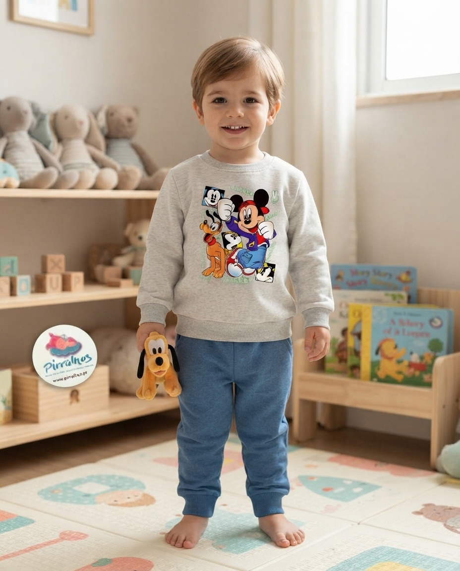 Criança com camisola cinza com estampa Mickey e calças azuis num quarto infantil