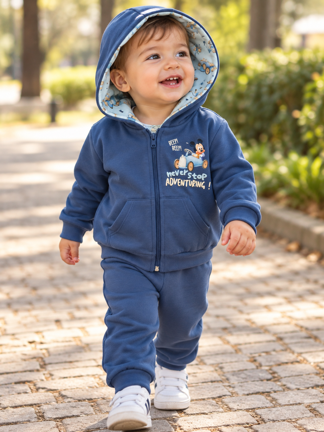 Criança a usar um conjunto azul com capuz e estampa de Mickey Mouse