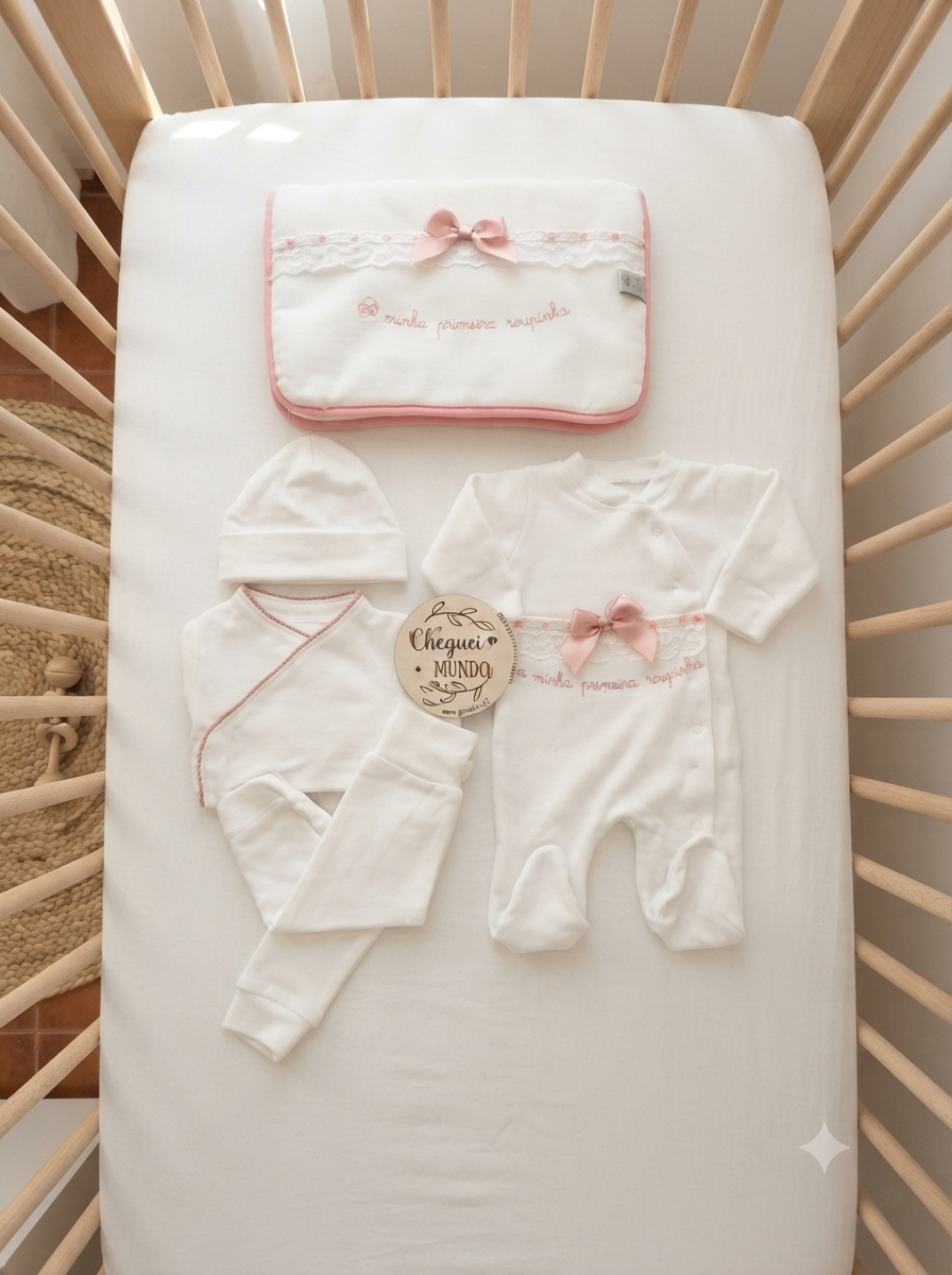 Conjunto de roupa de bebé branco com detalhes rosa num berço de madeira clara