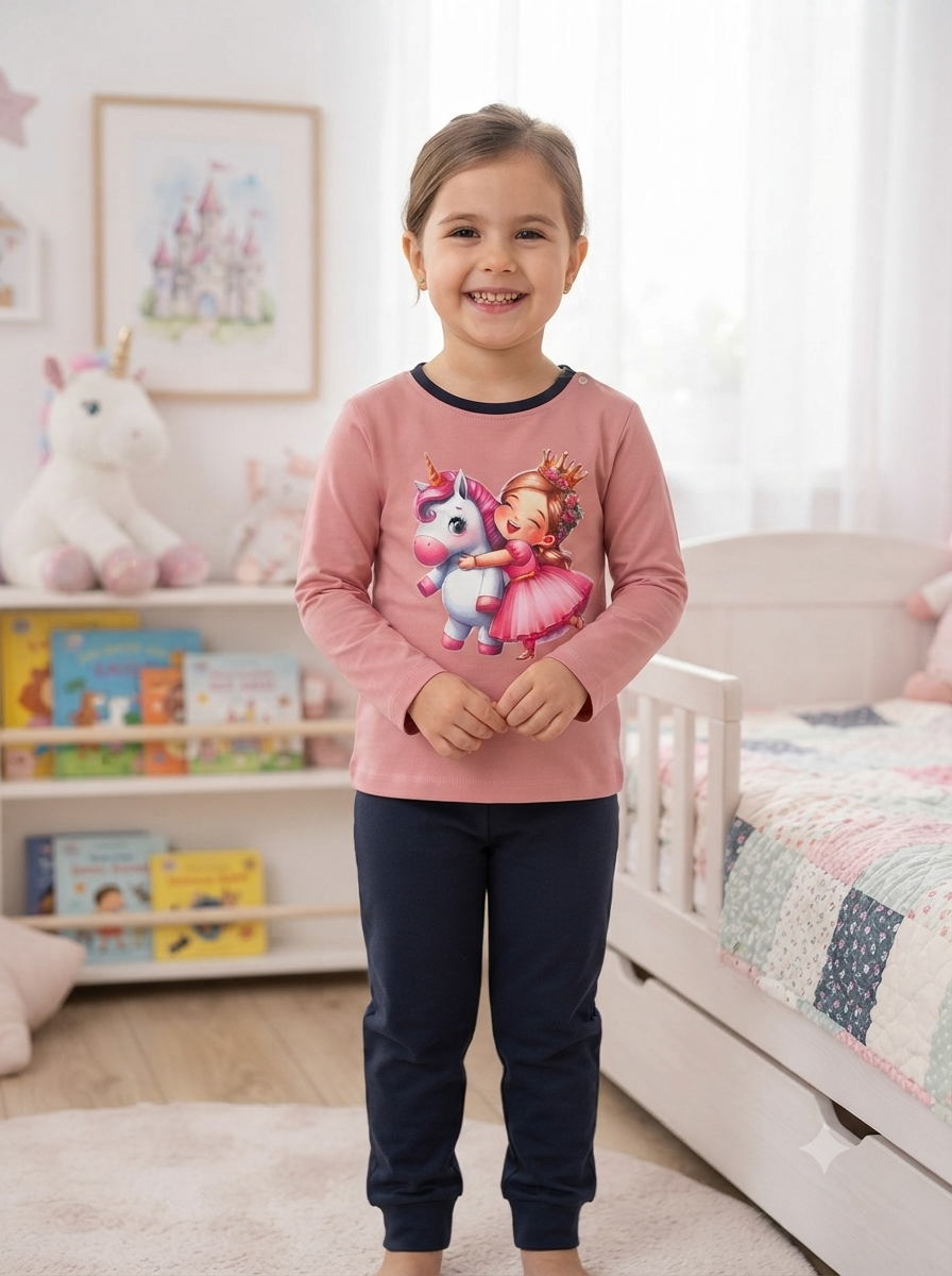 Camisola rosa com estampa de menina princesa e unicórnio e calças azul escuro em quarto infantil