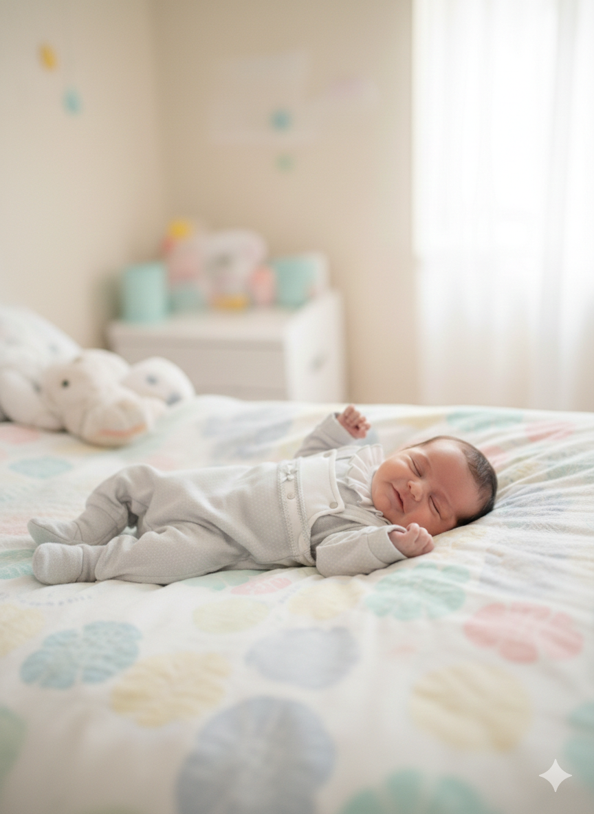 Bebé a dormir numa cama com edredão colorido em quarto claro