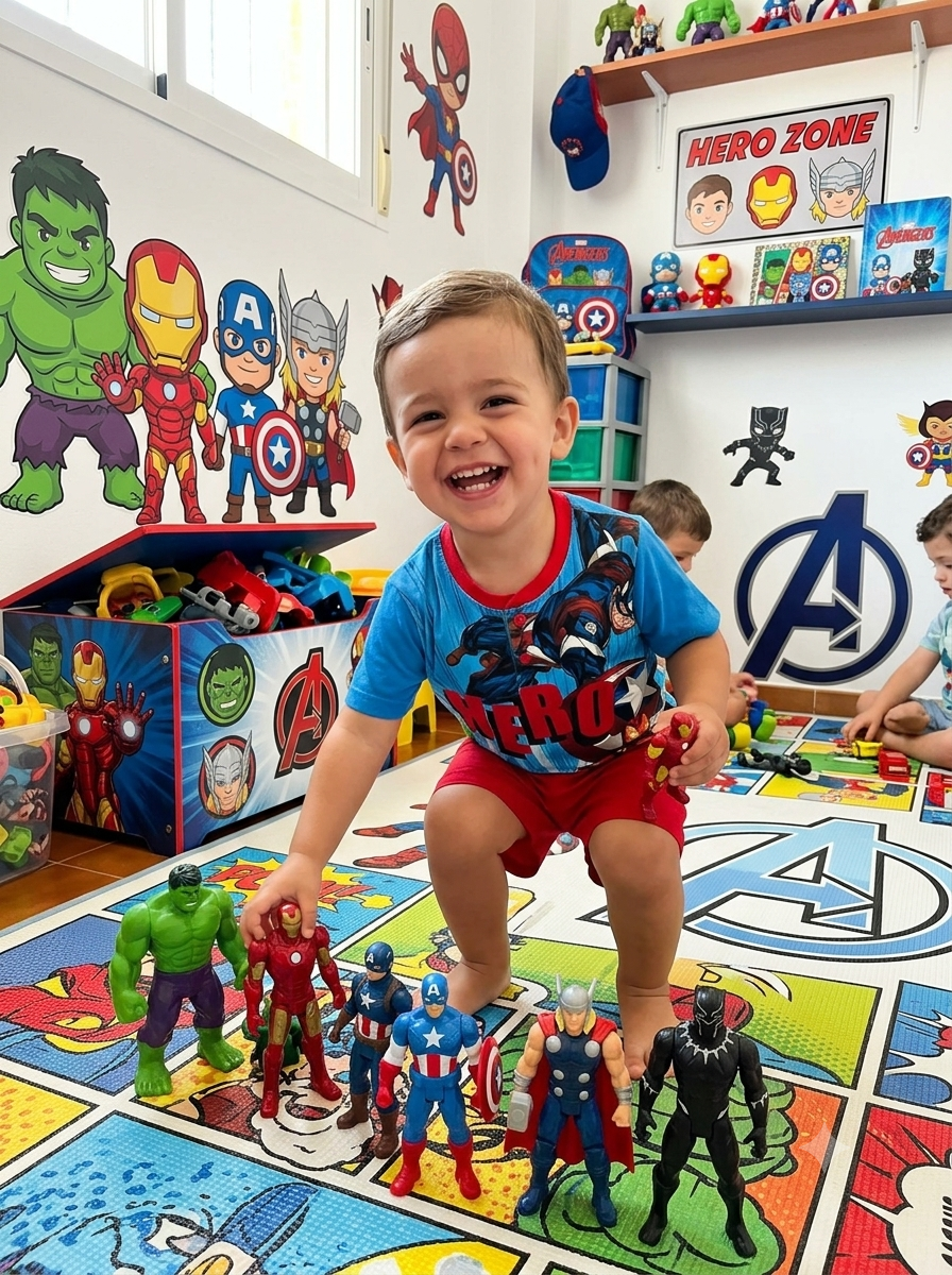 Quarto infantil tematizado Avengers com várias figuras de ação e decoração colorida