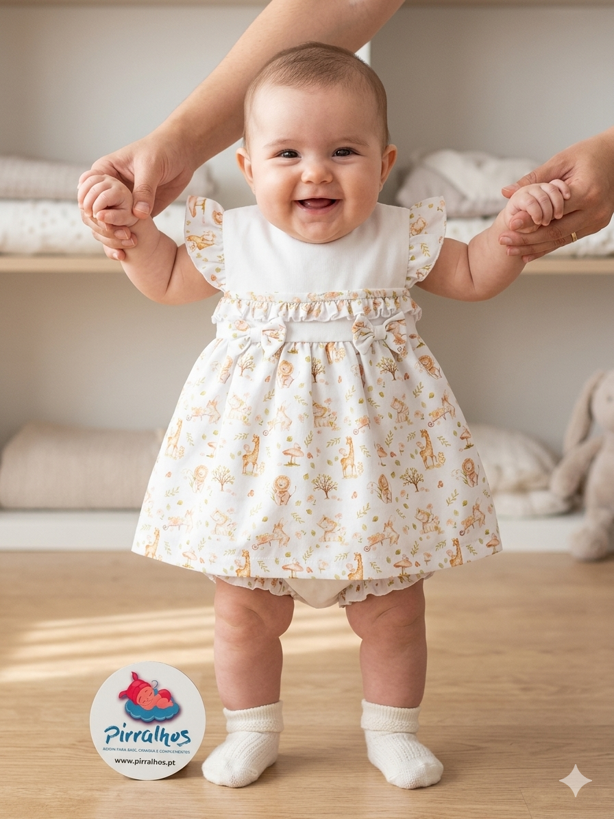 Vestido branco para bebé com estampado de animais e árvores bege, com folhos nas mangas e laço no peito