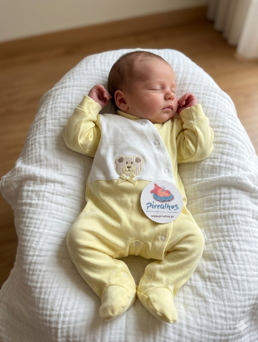 Bebé a dormir vestido com body amarelo claro e branco com ursinho bordado e etiqueta Pirralhos sobre almofada branca