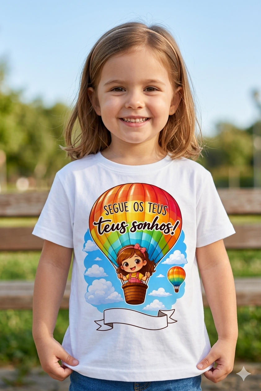 Criança com t-shirt branca estampada com balão de ar quente colorido e texto motivacional.