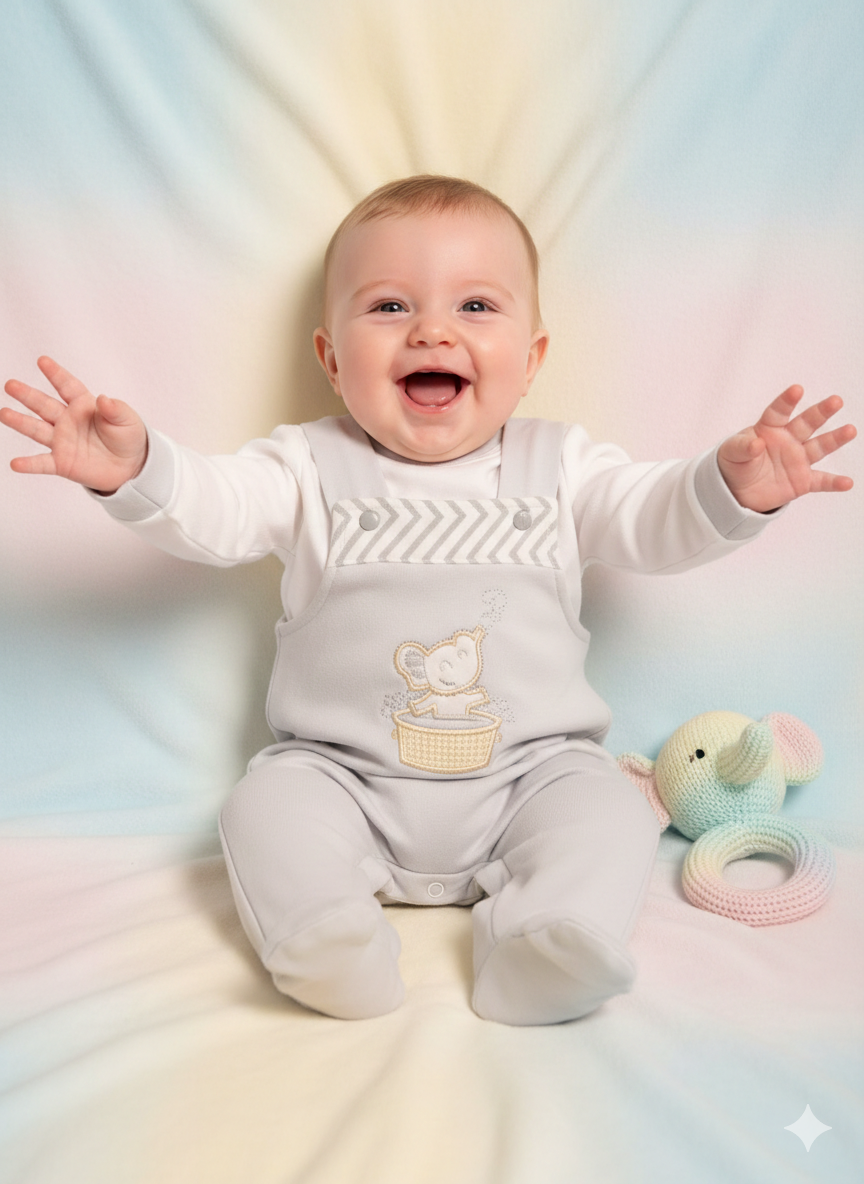 Bebé sentado com macacão cinzento e brinquedo elefante colorido