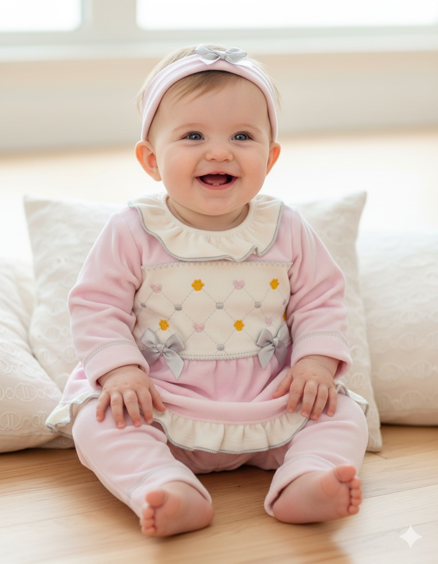 Bebé com roupa rosa e branca bordada e faixa de cabelo