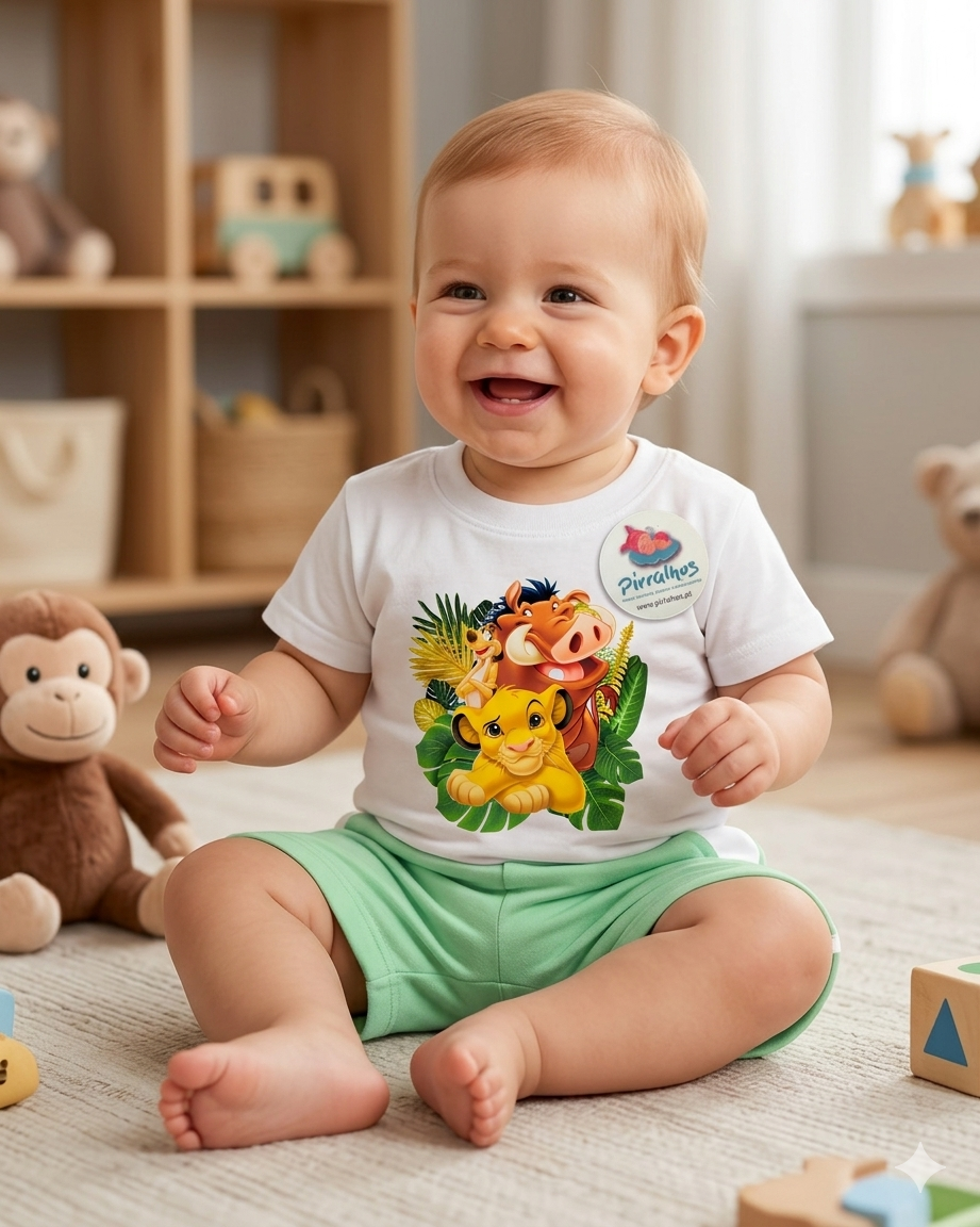 Bebé sorridente com camisola branca e estampa do Rei Leão sentada no chão de uma sala de brincar.