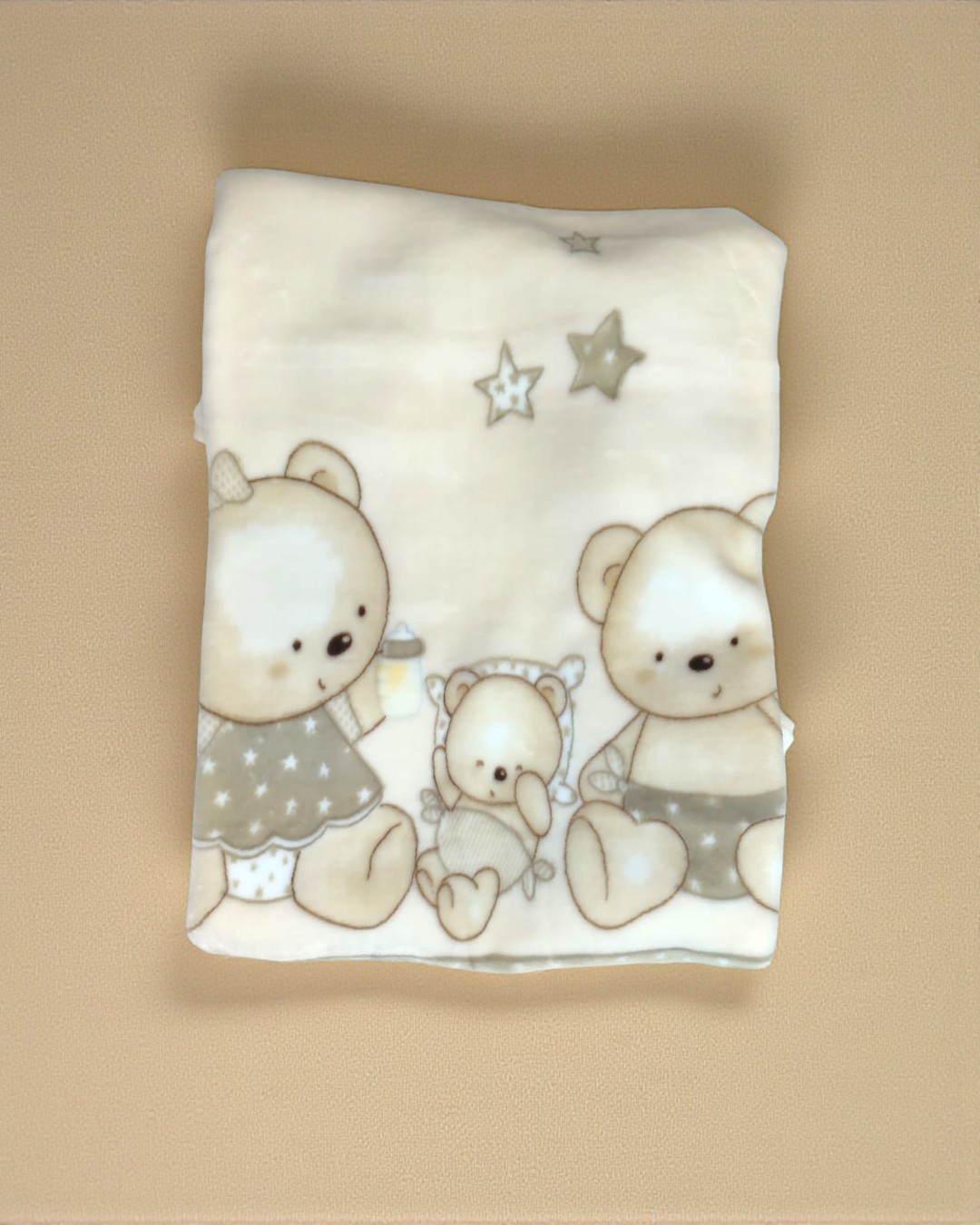 Cobertor branco com ursinhos e estrelas em bege e cinza