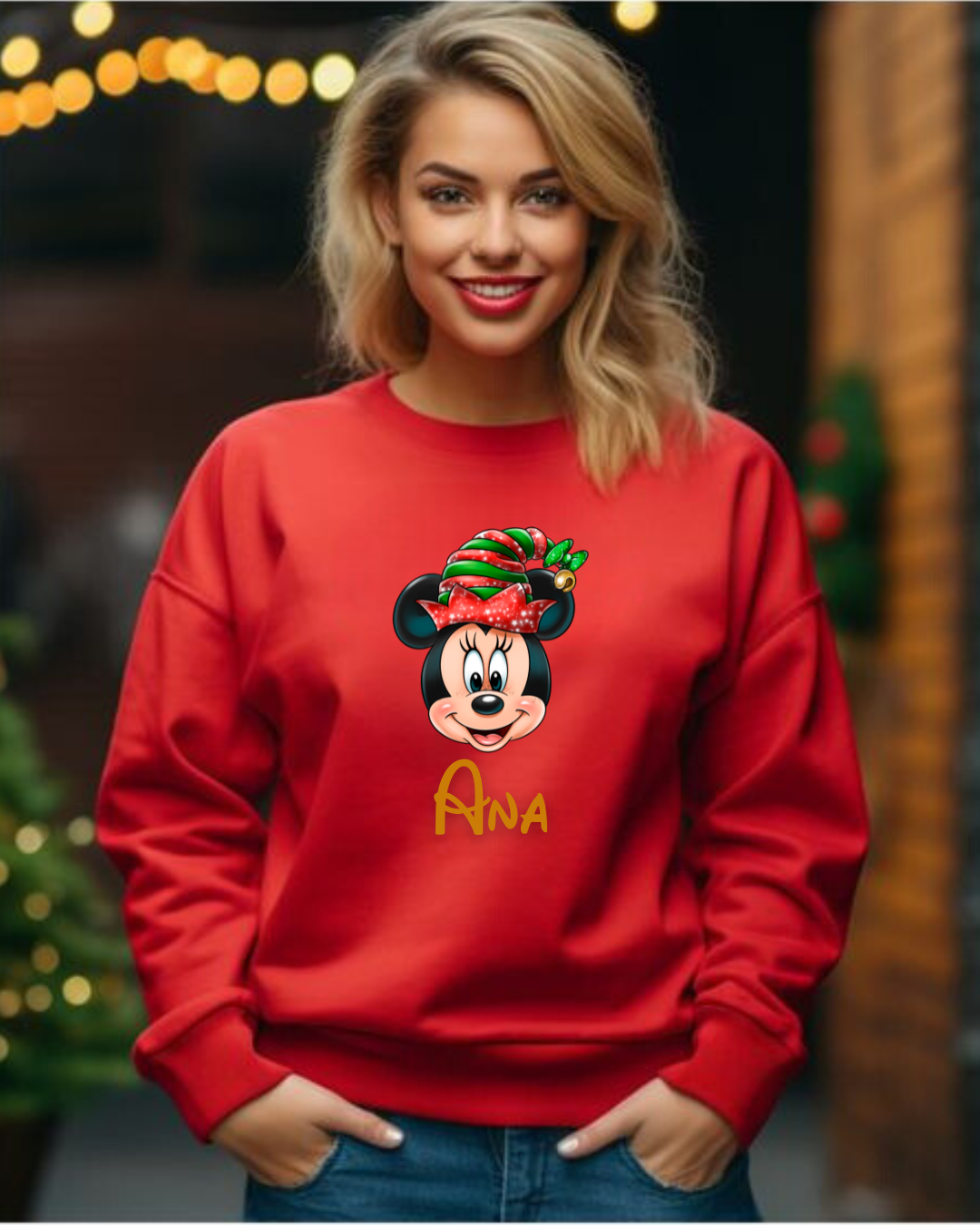Sweatshirt vermelha com estampa da Minnie e nome Ana