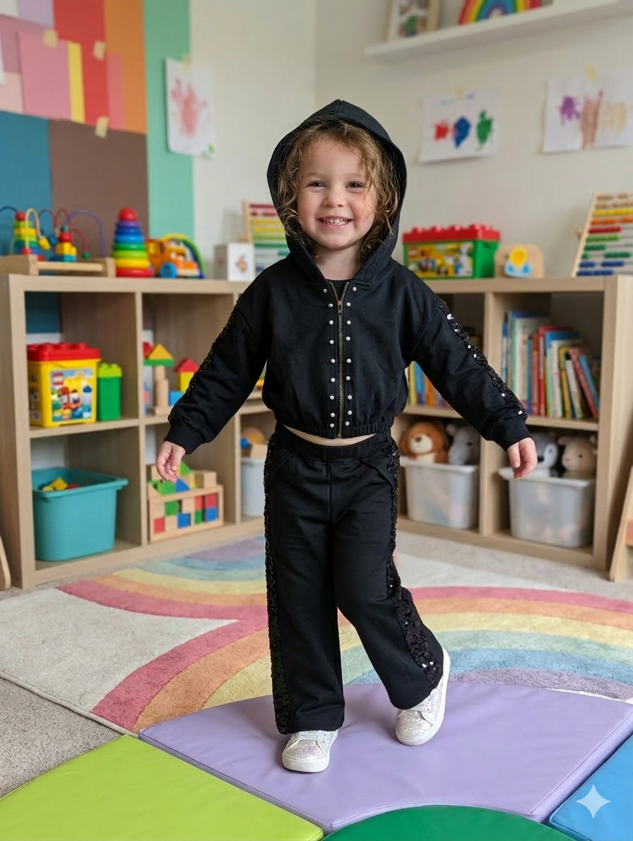 Criança com roupa preta com capuz e lantejoulas sorrindo num quarto colorido de brincar