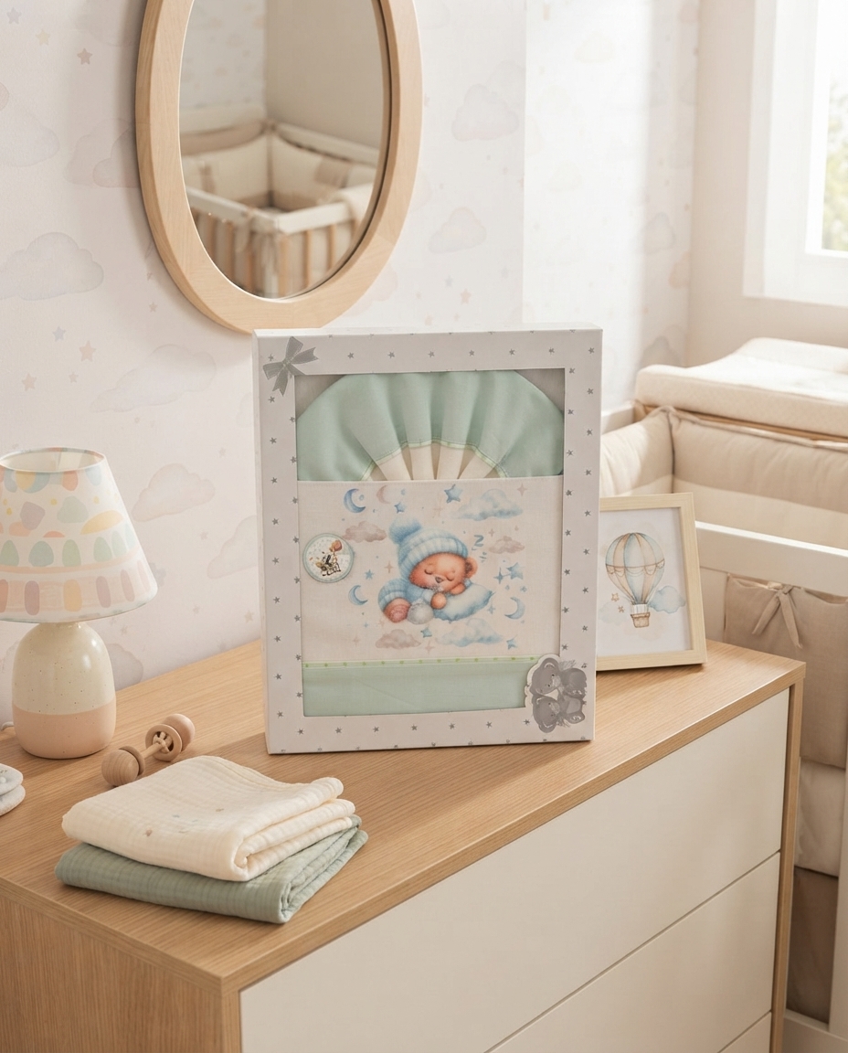 Embalagem de tecido para bebé com estampa de criança a dormir, num quarto decorado com candeeiro, espelho oval e móbile.