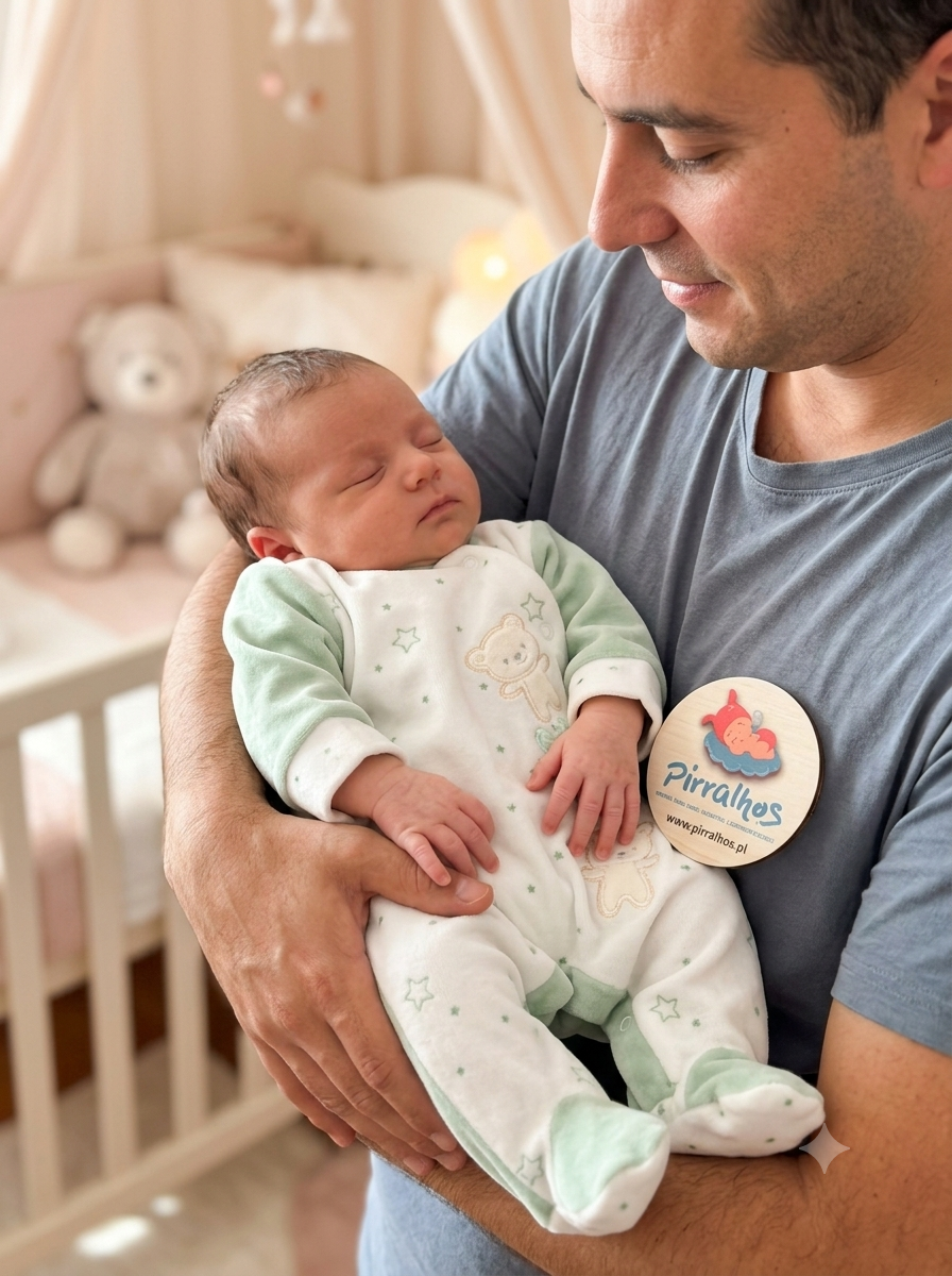 Bebé recém-nascido a dormir com pijama branco e verde com ursinhos e estrelas num quarto de bebé