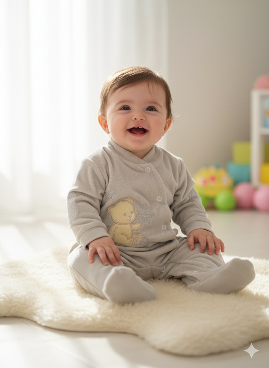 Bebé com macacão cinza claro e ursinho sentado num tapete felpudo