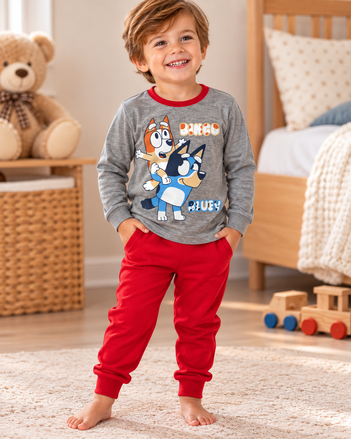 Pijama infantil com camisola cinzenta estampada e calças vermelhas
