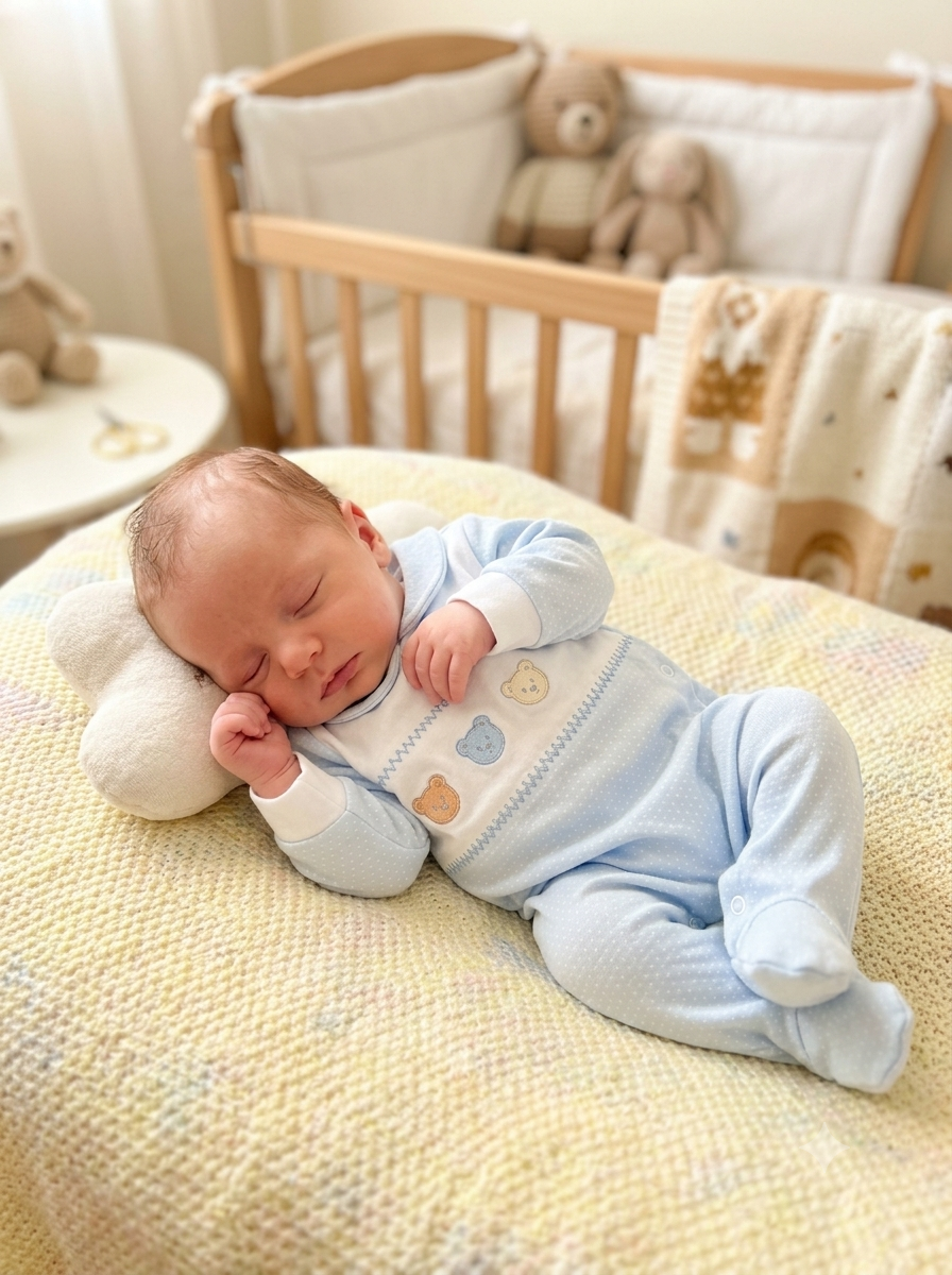Bebé dormindo em pijama azul com ursinhos, deitado em almofada pastel, com berço e peluches ao fundo.