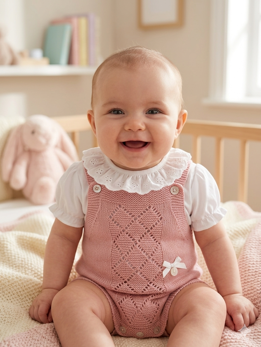 Bebé sorridente com body cor-de-rosa em malha e camisola branca sentada num berço de madeira com brinquedo coelho rosa ao fundo