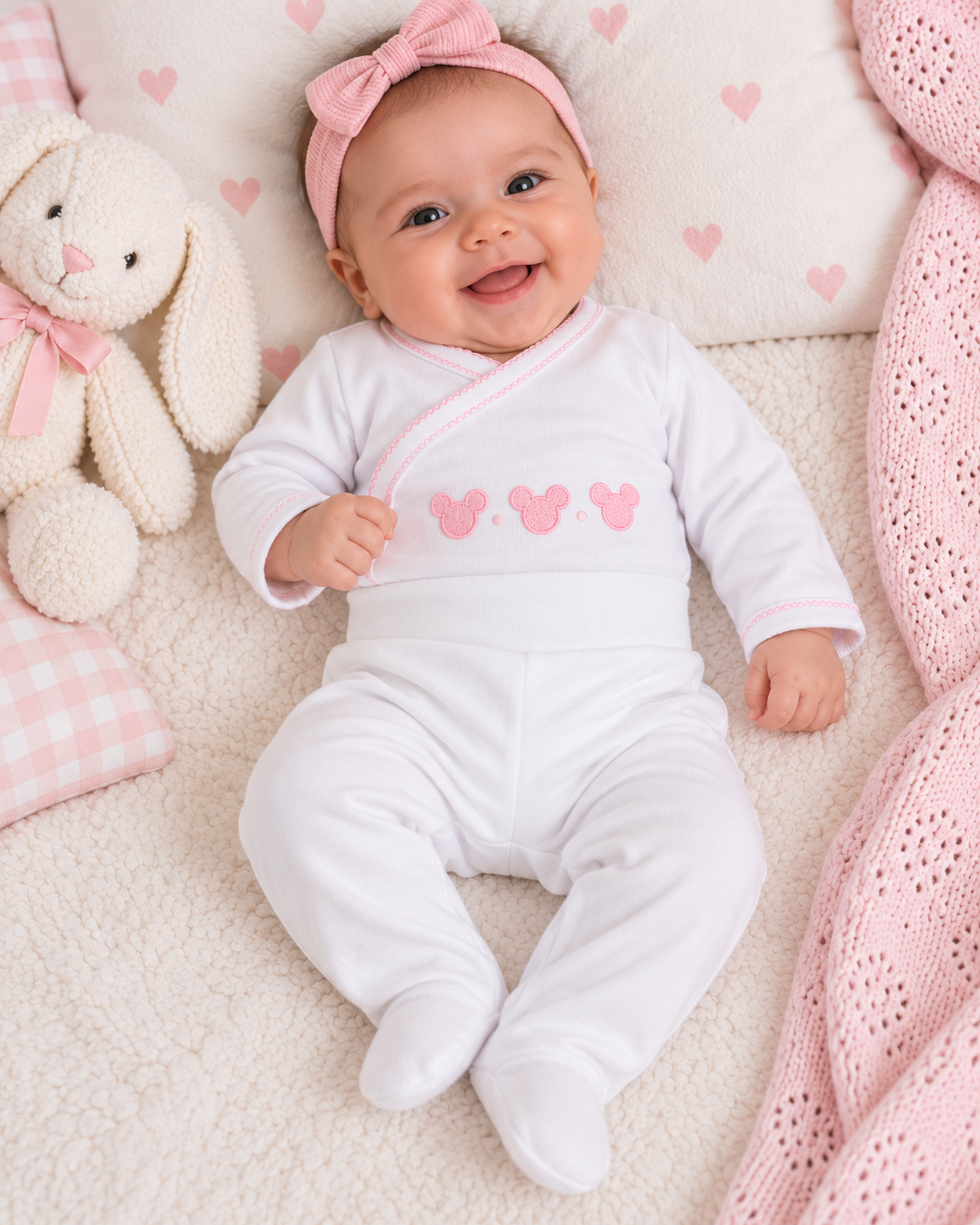 Bebé com pijama branco e faixa rosa, deitado com peluche e mantas rosas e creme.