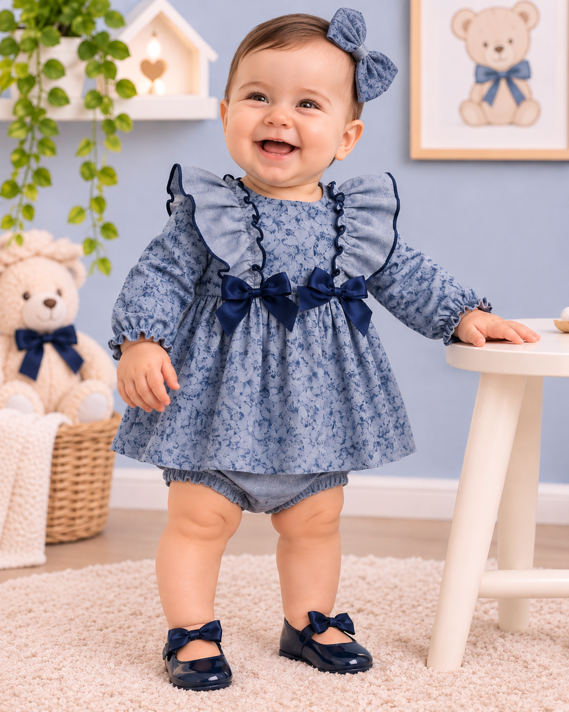 Bebé feliz vestida com roupa azul com laços e folhos, em ambiente com ursos de pelúcia.