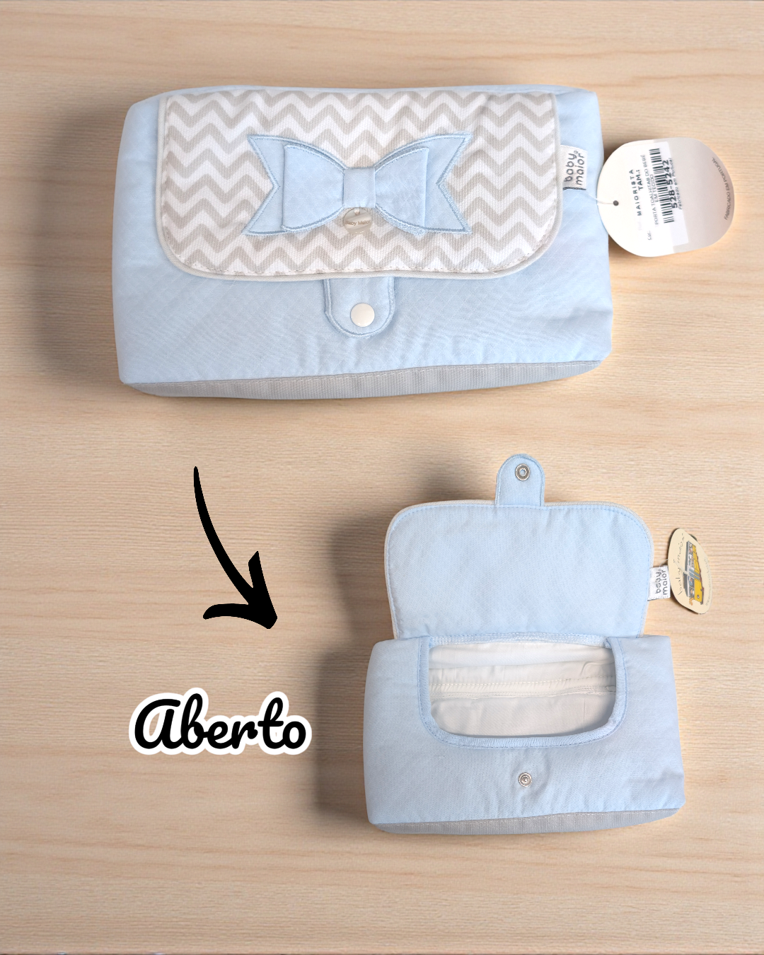 Mala porta-fraldas azul clara com laço e padrão zigzag