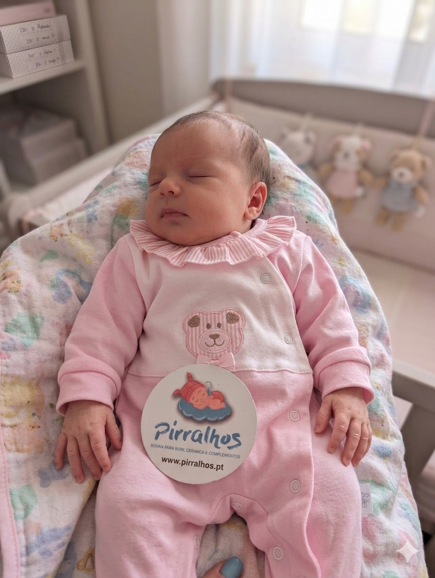 Fato de bebé rosa com bordado de urso e etiqueta da marca Pirralhos