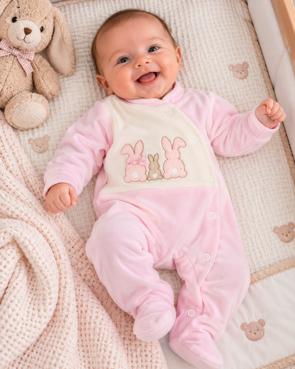 Bebé com pijama rosa com coelhinhos bordados deitado em berço acolchoado com manta bege e peluche de coelho