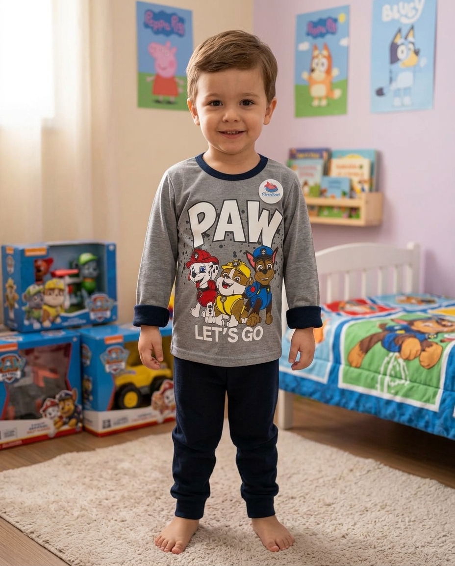 Menino com pijama da Patrulha Pata em quarto infantil com brinquedos e decoração temática.