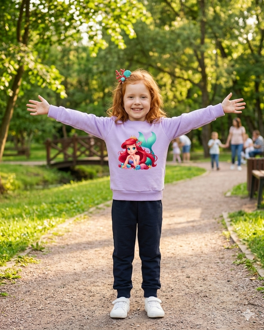 Criança com sweatshirt lilás com Ariel da Pequena Sereia no parque