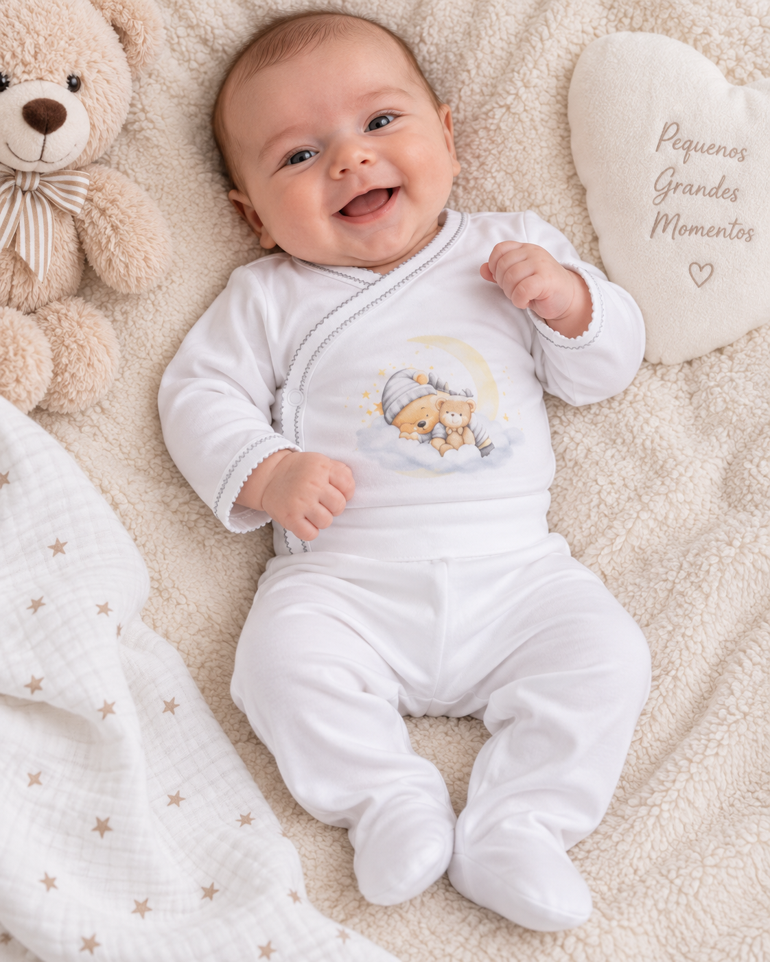 Bebé sorridente vestido com roupa branca e ursinho ao lado