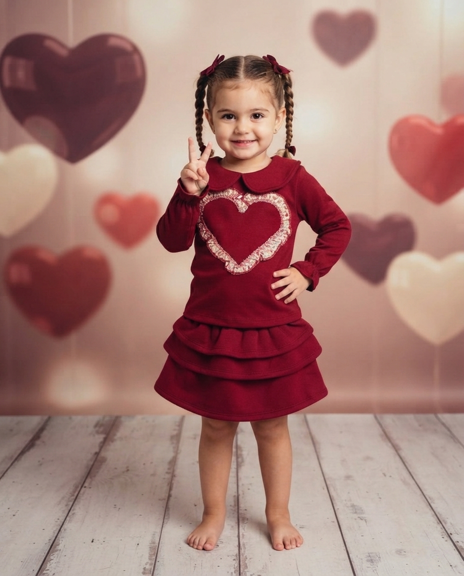 Menina com vestido bordô de manga comprida com coração brilhante e saia de camadas, com balões de coração ao fundo.